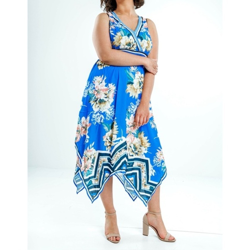 Jealous Tomato blue floral sleeveless asymmetrical hem midi dress M - Picture 11 of 11